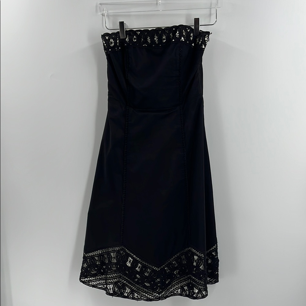 WHBM Black Strapless Midi Dress Lace Cream Overlay Cotton Boning Knee Length 2